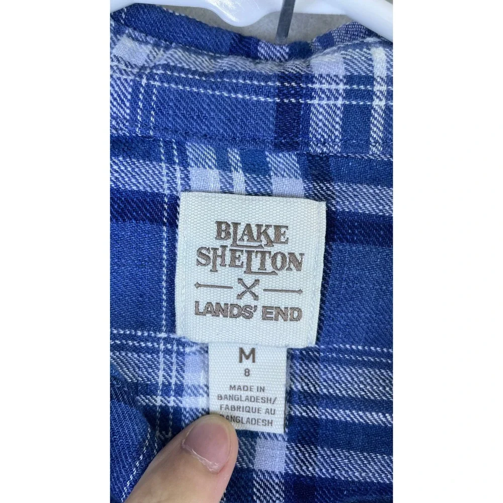 Lands End Flannel Shirt Kids M 8 Blue Excellent Blake Shelton Plaid Western